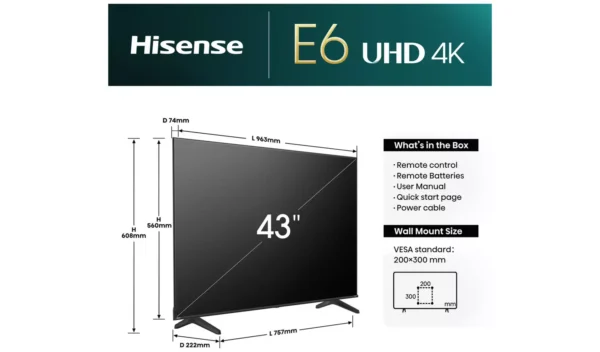 Hisense 43 Inch 43E6NTUK Smart 4K UHD HDR LED Freely TV - Image 12
