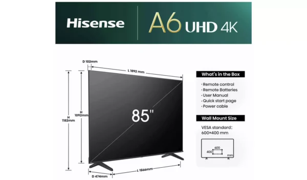 Hisense 85 Inch 85A6NTUK Smart 4K UHD HDR LED Freely TV - Image 6